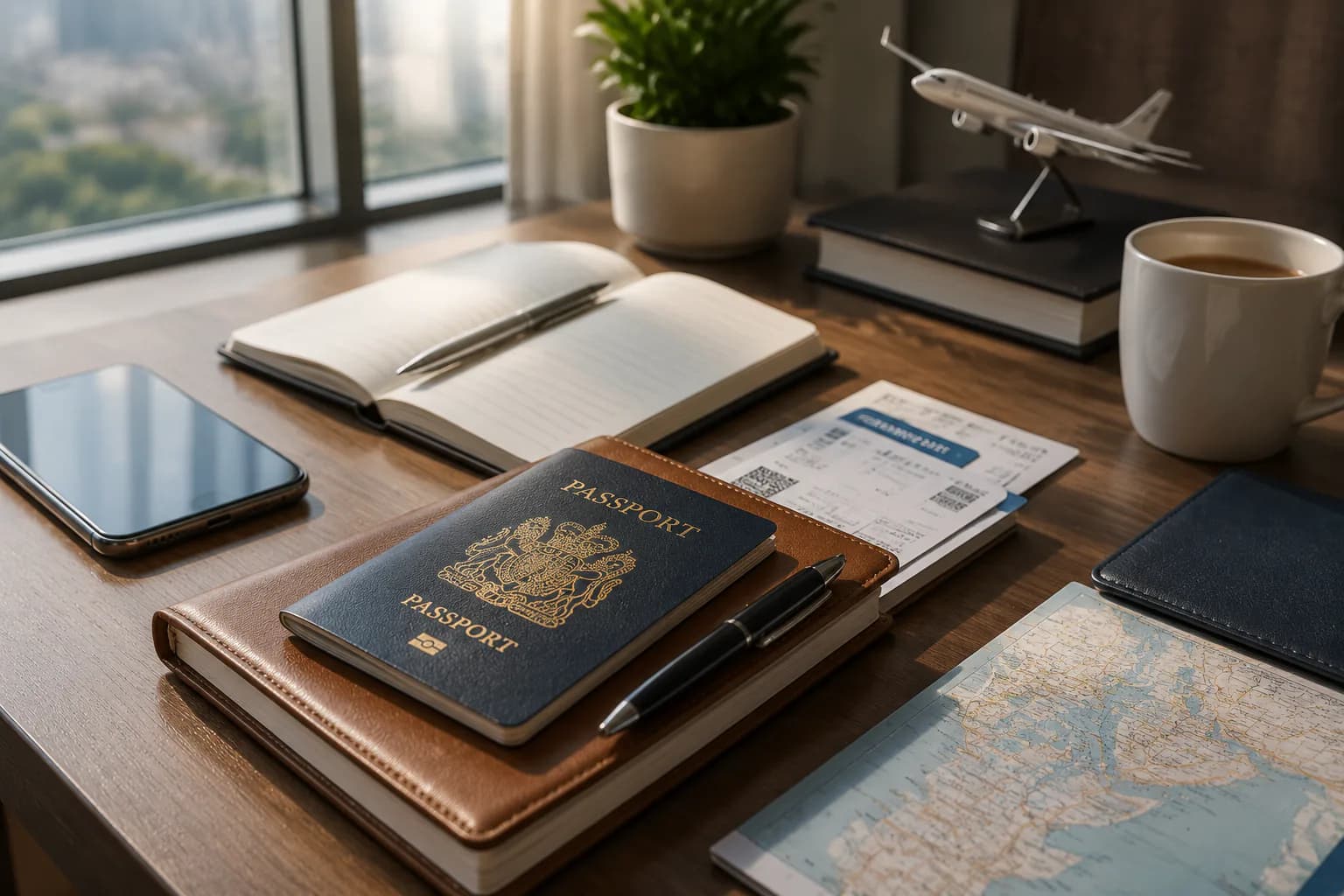 Passport, travel documents and map prepared for an international medical journey